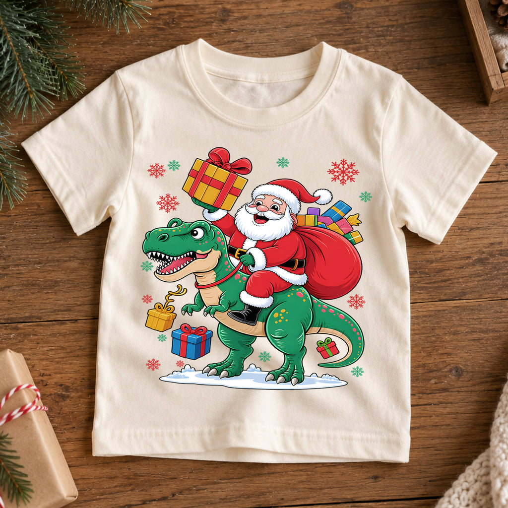 Santa Riding Dinosaur Shirt, Funny T-Rex Christmas Kids T-Shirt, Cute Dino Toddler Holiday Tee, Santa Claus Graphic Top, Xmas Dinosaur Gift — product view 7
