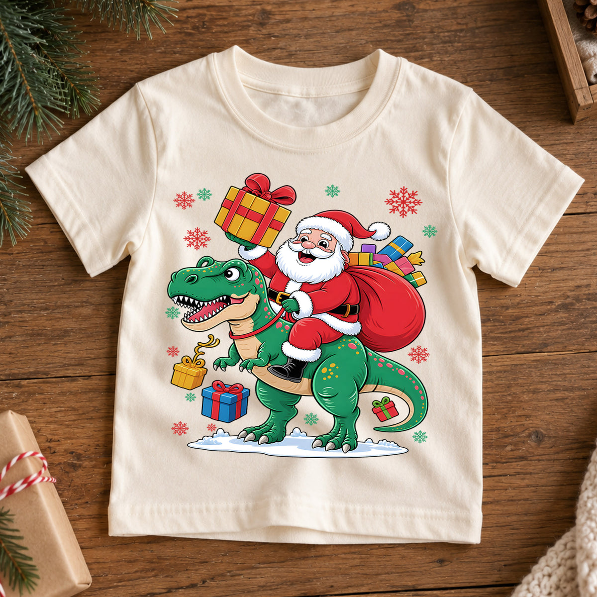 Santa Riding Dinosaur Shirt, Funny T-Rex Christmas Kids T-Shirt, Cute Dino Toddler Holiday Tee, Santa Claus Graphic Top, Xmas Dinosaur Gift — product view 7