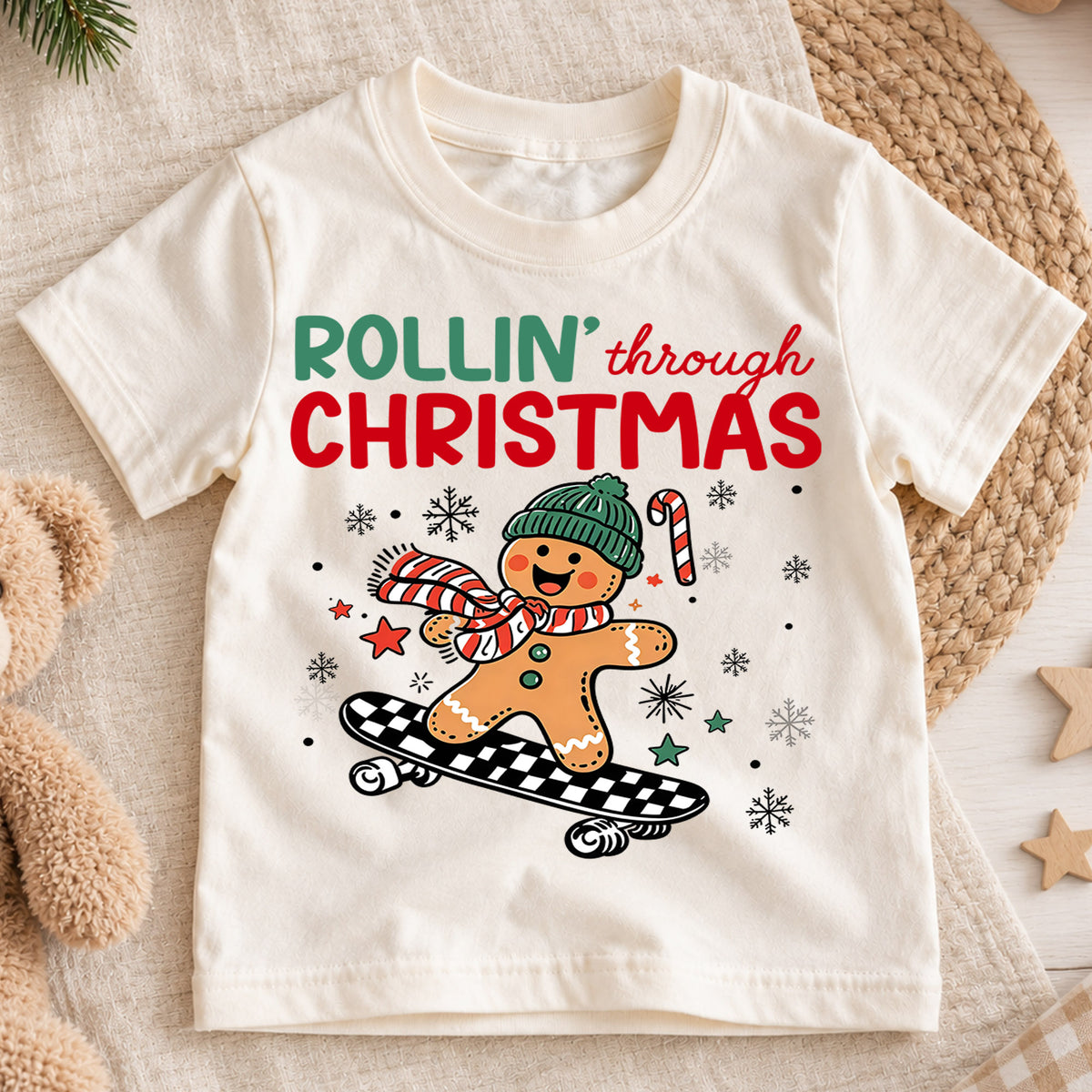 Rollin Through Christmas Shirt, Skateboarding Gingerbread Kids Tee, Cute Skater Holiday Toddler T-Shirt, Winter Graphic Top, Xmas Gift — product view 1