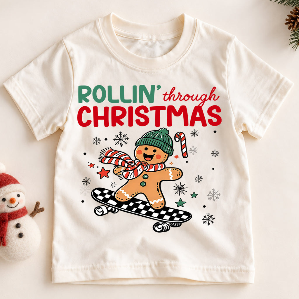 Rollin Through Christmas Shirt, Skateboarding Gingerbread Kids Tee, Cute Skater Holiday Toddler T-Shirt, Winter Graphic Top, Xmas Gift — product view 2