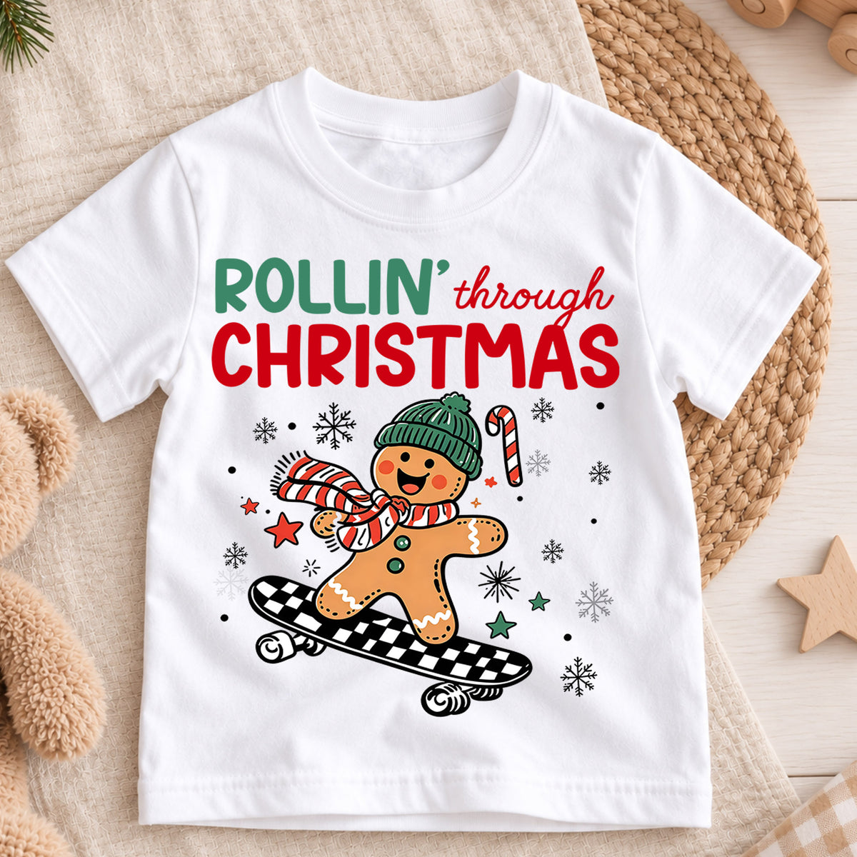 Rollin Through Christmas Shirt, Skateboarding Gingerbread Kids Tee, Cute Skater Holiday Toddler T-Shirt, Winter Graphic Top, Xmas Gift — product view 3