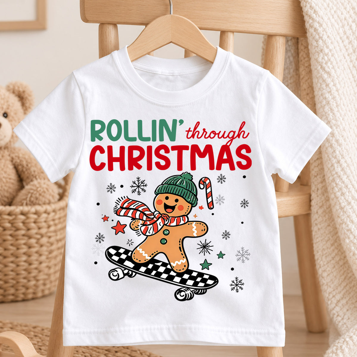 Rollin Through Christmas Shirt, Skateboarding Gingerbread Kids Tee, Cute Skater Holiday Toddler T-Shirt, Winter Graphic Top, Xmas Gift — product view 4