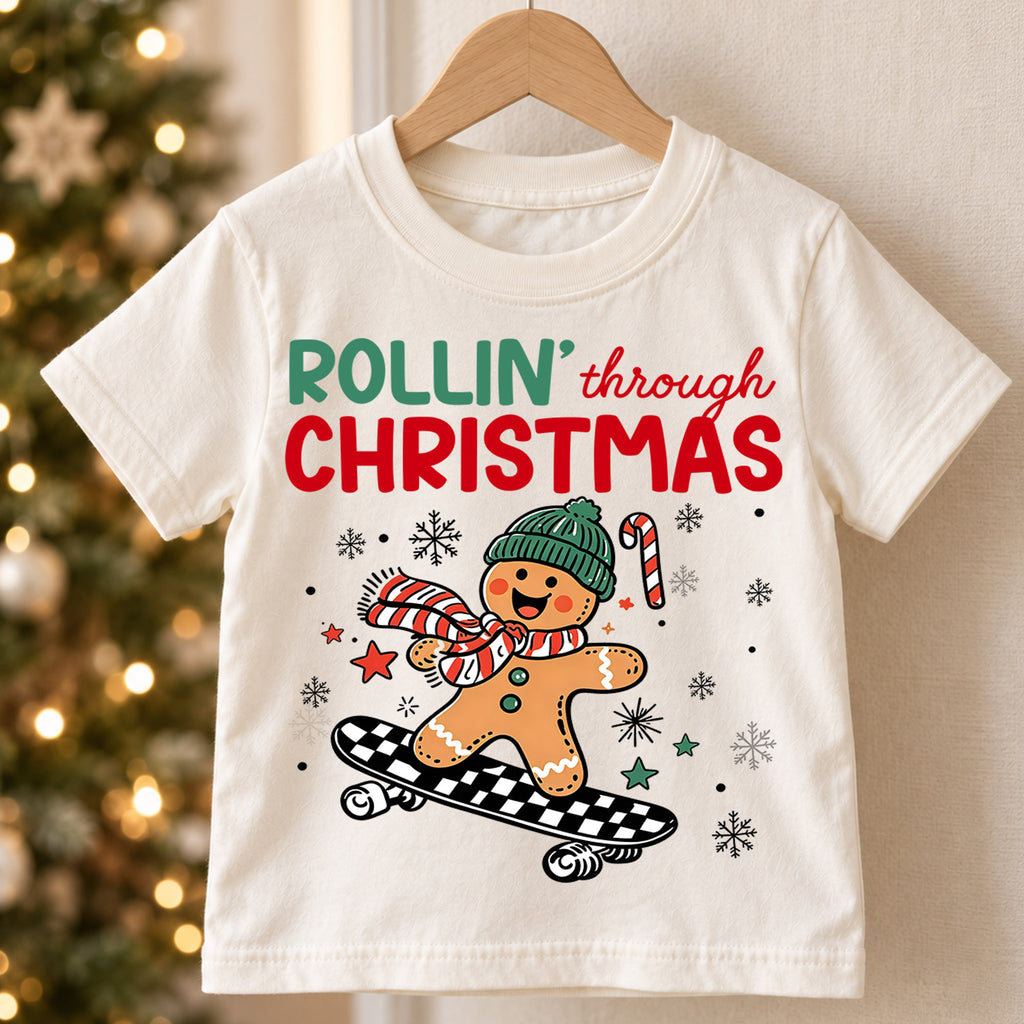 Rollin Through Christmas Shirt, Skateboarding Gingerbread Kids Tee, Cute Skater Holiday Toddler T-Shirt, Winter Graphic Top, Xmas Gift — product view 5