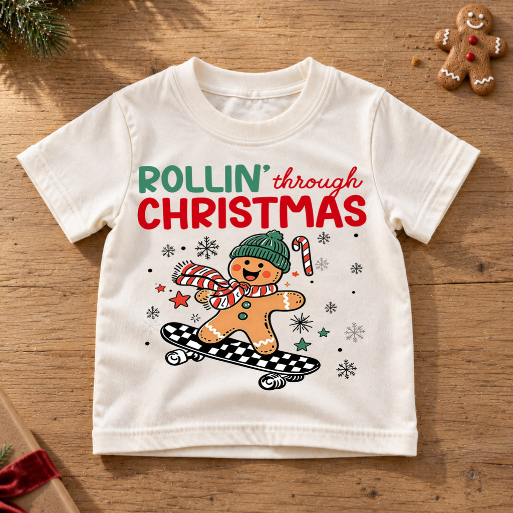 Rollin Through Christmas Shirt, Skateboarding Gingerbread Kids Tee, Cute Skater Holiday Toddler T-Shirt, Winter Graphic Top, Xmas Gift — product view 6