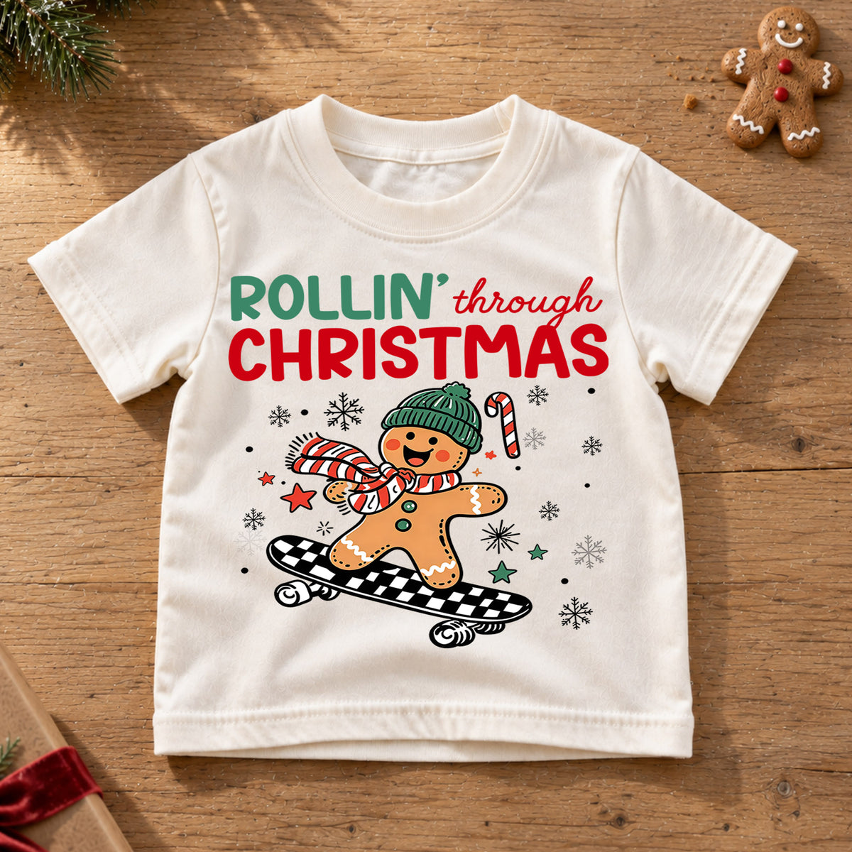 Rollin Through Christmas Shirt, Skateboarding Gingerbread Kids Tee, Cute Skater Holiday Toddler T-Shirt, Winter Graphic Top, Xmas Gift — product view 6