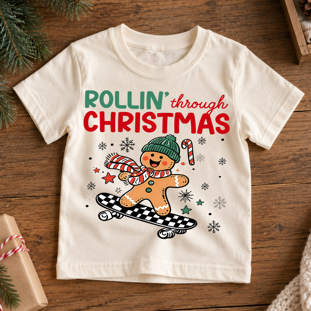 Rollin Through Christmas Shirt, Skateboarding Gingerbread Kids Tee, Cute Skater Holiday Toddler T-Shirt, Winter Graphic Top, Xmas Gift — product view 7