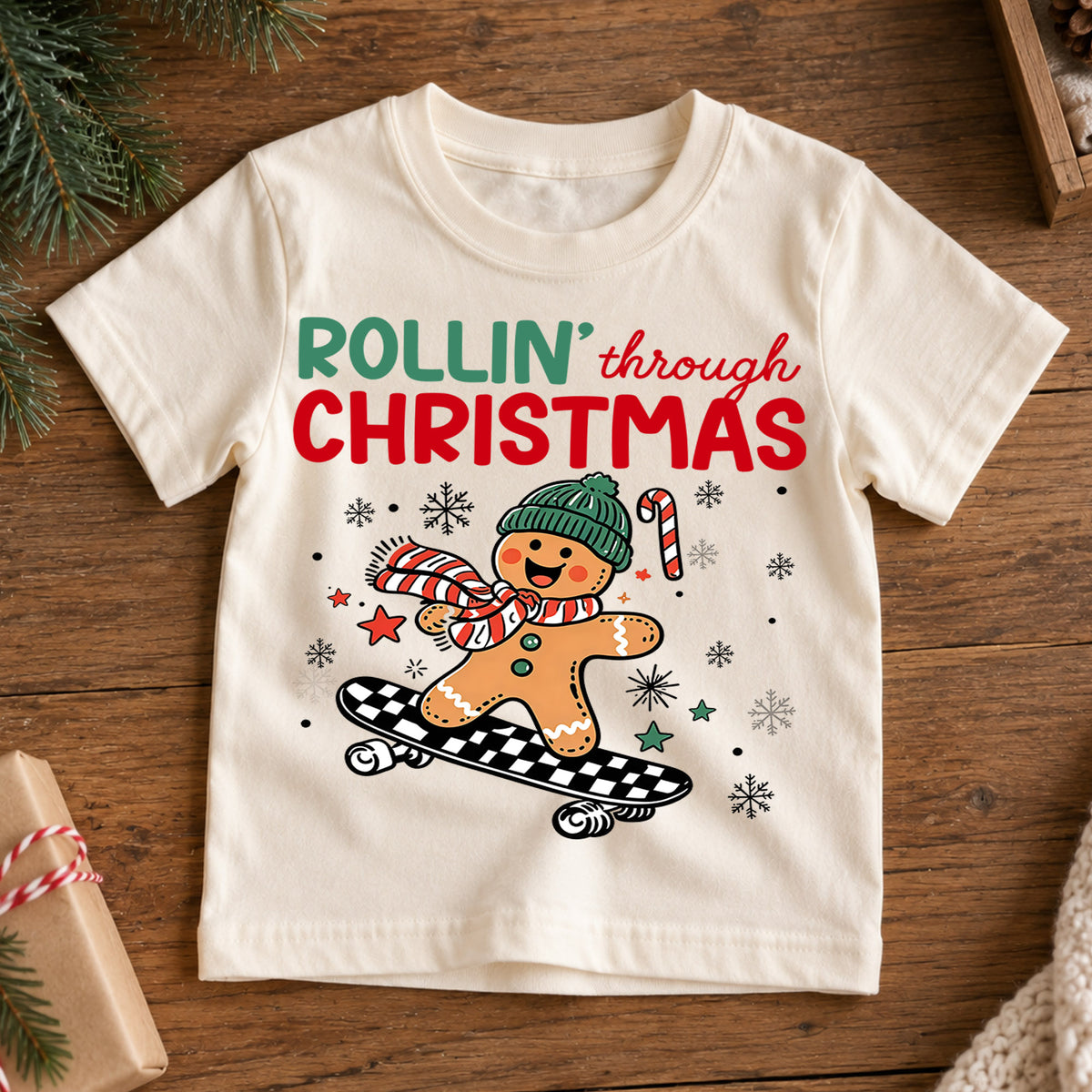 Rollin Through Christmas Shirt, Skateboarding Gingerbread Kids Tee, Cute Skater Holiday Toddler T-Shirt, Winter Graphic Top, Xmas Gift — product view 7