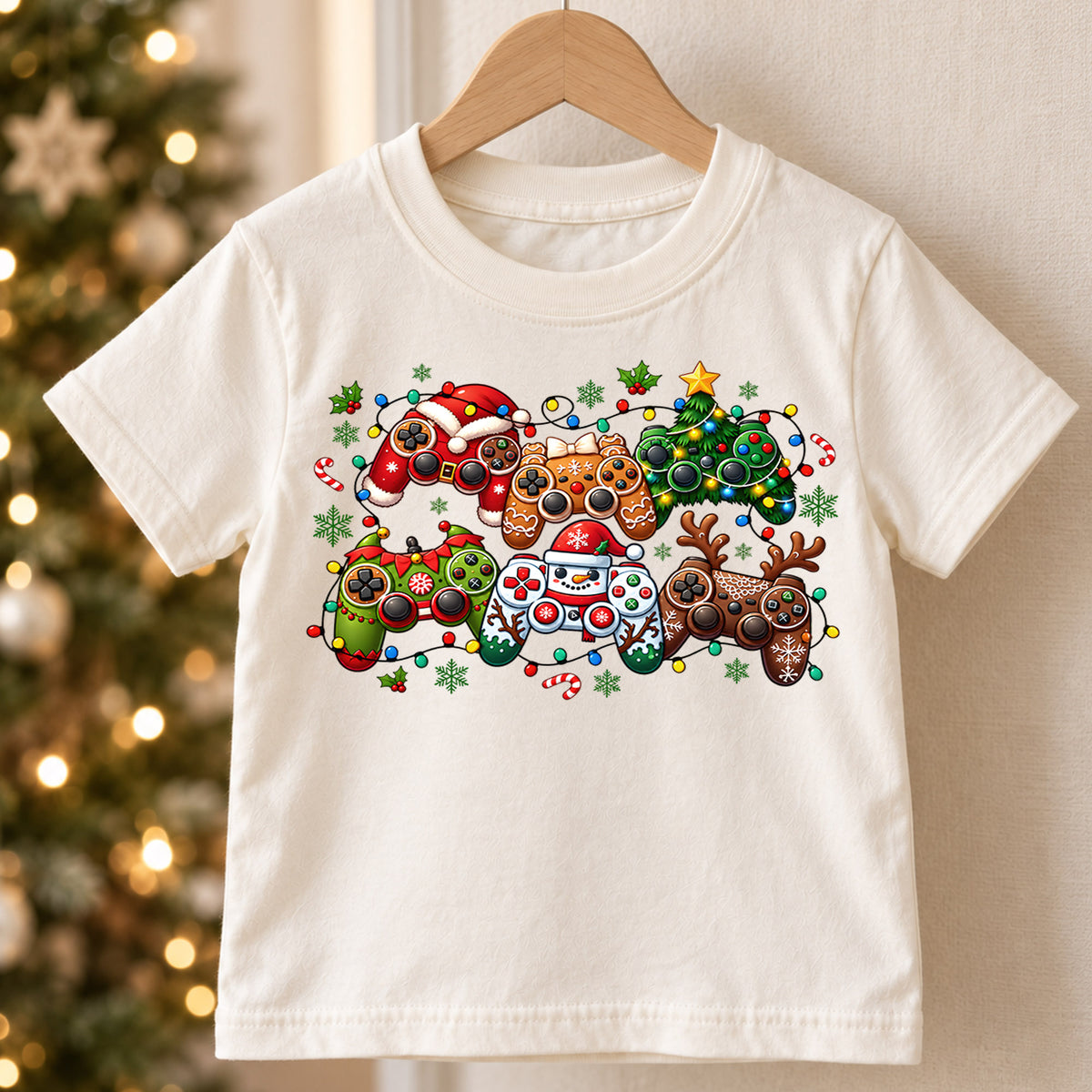 Christmas Video Game Controller Shirt, Gamer Holiday Kids T-Shirt, Gaming Christmas Lights Toddler Tee, Cool Xmas Graphic Top, Boys Gift — product view 5