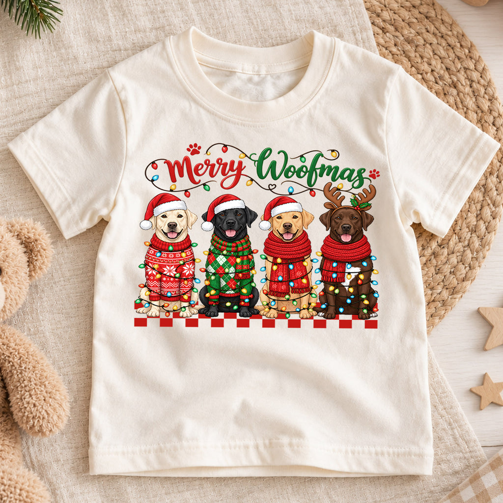 Merry Woofmas Shirt, Labrador Retriever Christmas Kids T-Shirt, Cute Dogs In Sweaters Toddler Tee, Holiday Dog Lover Graphic Top, Xmas Gift — product view 1