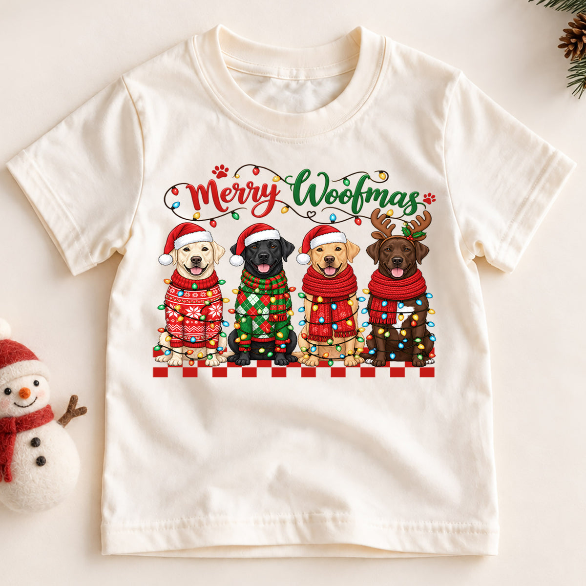 Merry Woofmas Shirt, Labrador Retriever Christmas Kids T-Shirt, Cute Dogs In Sweaters Toddler Tee, Holiday Dog Lover Graphic Top, Xmas Gift — product view 2