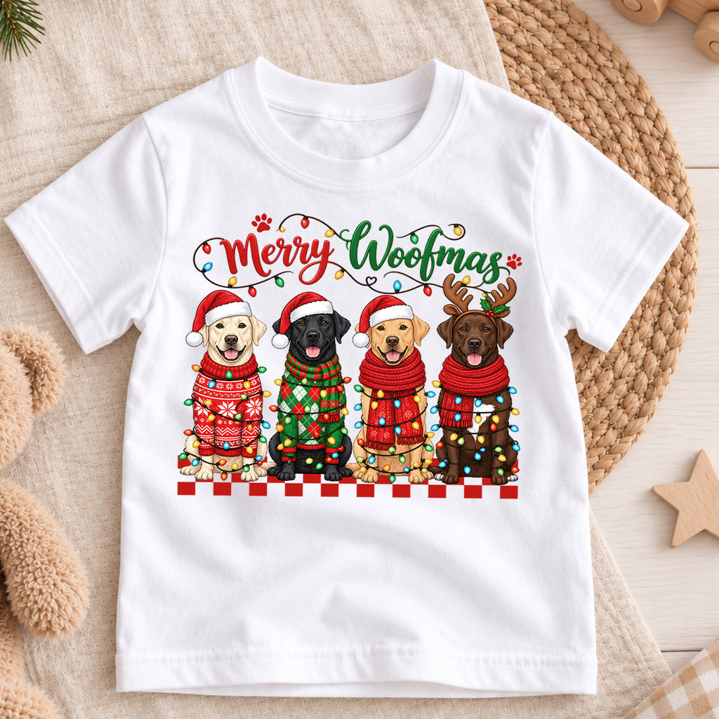 Merry Woofmas Shirt, Labrador Retriever Christmas Kids T-Shirt, Cute Dogs In Sweaters Toddler Tee, Holiday Dog Lover Graphic Top, Xmas Gift — product view 3