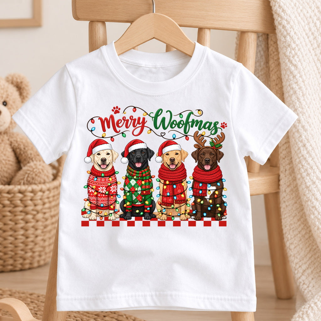 Merry Woofmas Shirt, Labrador Retriever Christmas Kids T-Shirt, Cute Dogs In Sweaters Toddler Tee, Holiday Dog Lover Graphic Top, Xmas Gift — product view 4