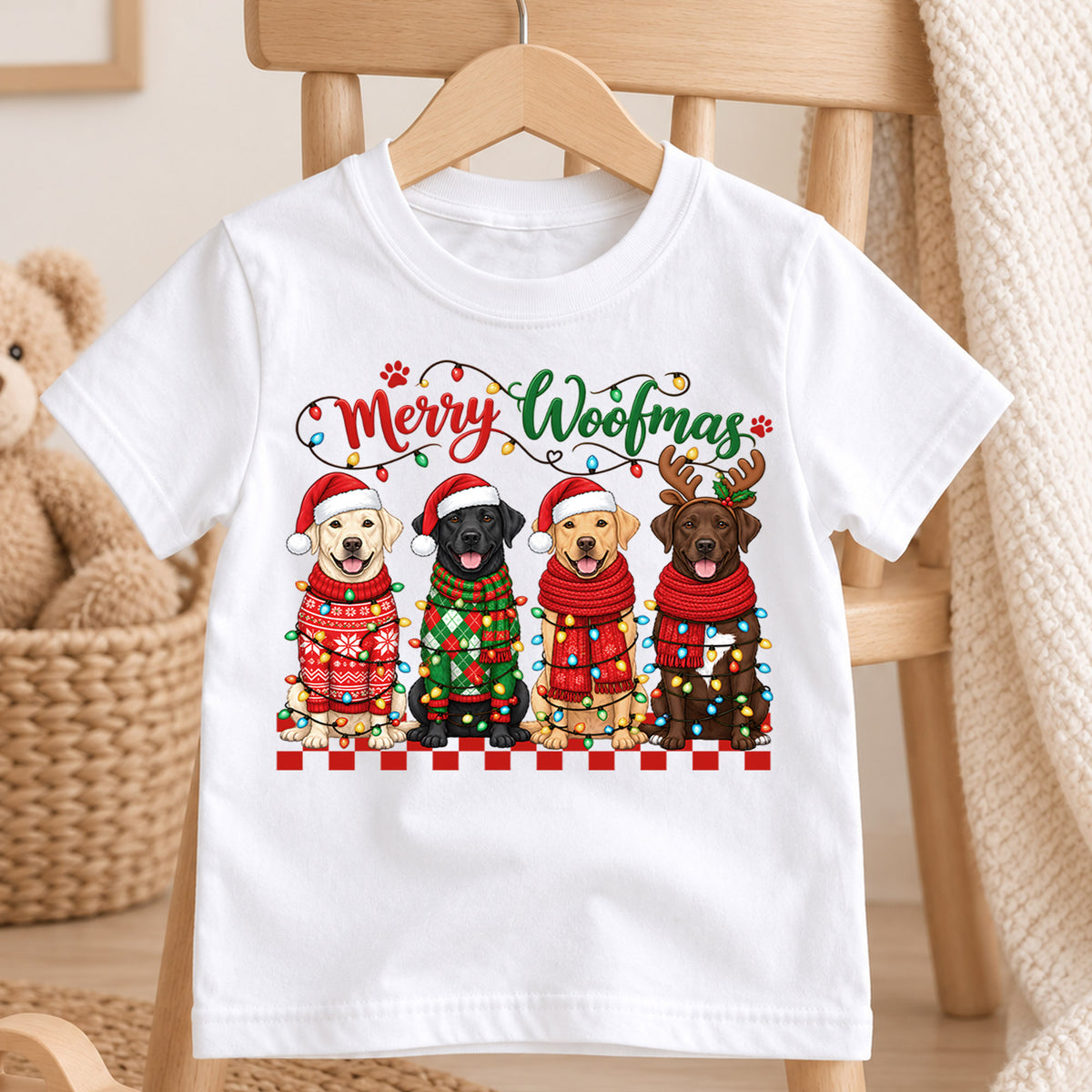 Merry Woofmas Shirt, Labrador Retriever Christmas Kids T-Shirt, Cute Dogs In Sweaters Toddler Tee, Holiday Dog Lover Graphic Top, Xmas Gift — product view 4