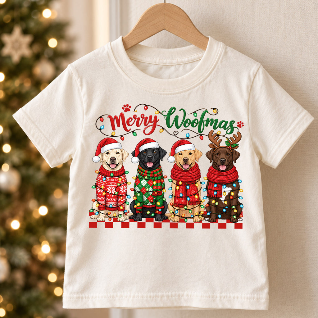 Merry Woofmas Shirt, Labrador Retriever Christmas Kids T-Shirt, Cute Dogs In Sweaters Toddler Tee, Holiday Dog Lover Graphic Top, Xmas Gift — product view 5