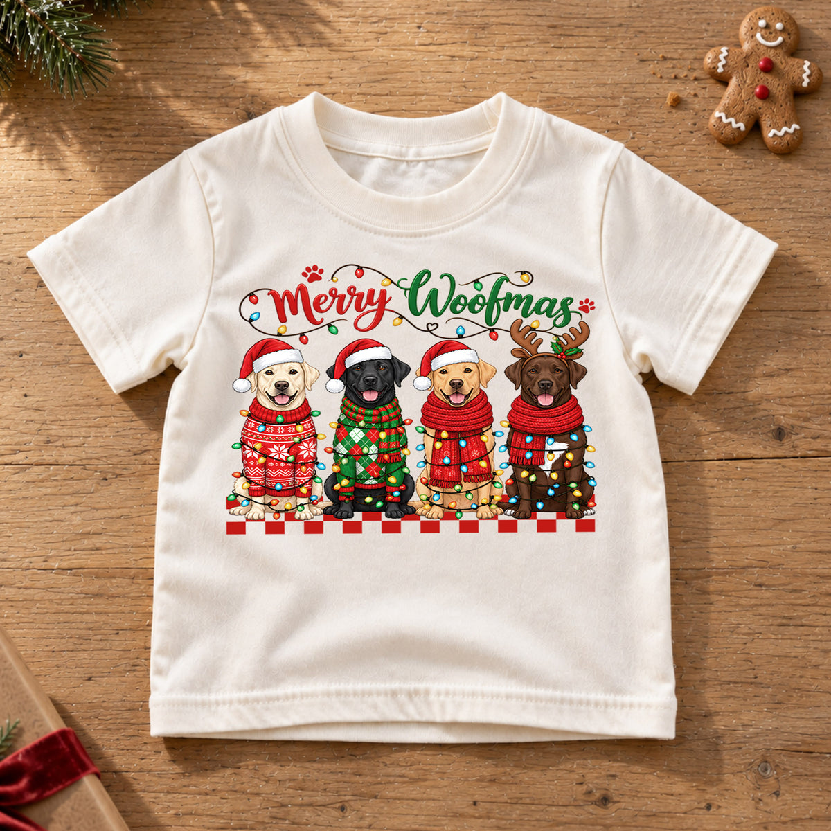 Merry Woofmas Shirt, Labrador Retriever Christmas Kids T-Shirt, Cute Dogs In Sweaters Toddler Tee, Holiday Dog Lover Graphic Top, Xmas Gift — product view 6