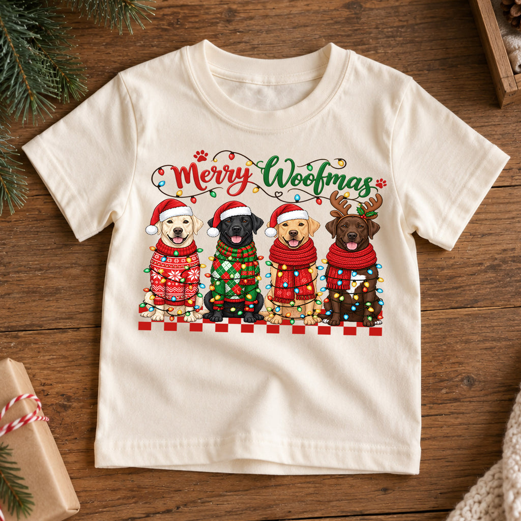 Merry Woofmas Shirt, Labrador Retriever Christmas Kids T-Shirt, Cute Dogs In Sweaters Toddler Tee, Holiday Dog Lover Graphic Top, Xmas Gift — product view 7