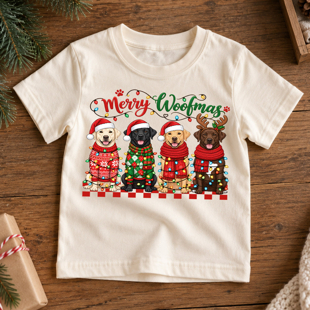 Merry Woofmas Shirt, Labrador Retriever Christmas Kids T-Shirt, Cute Dogs In Sweaters Toddler Tee, Holiday Dog Lover Graphic Top, Xmas Gift — product view 7