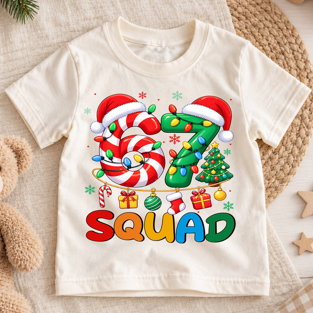 67 Squad Christmas Shirt, Candy Cane Number 67 Kids T-Shirt, Holiday Team Group Toddler Tee, Christmas Tree Santa Hat Graphic Top, Xmas Gift — product view 1
