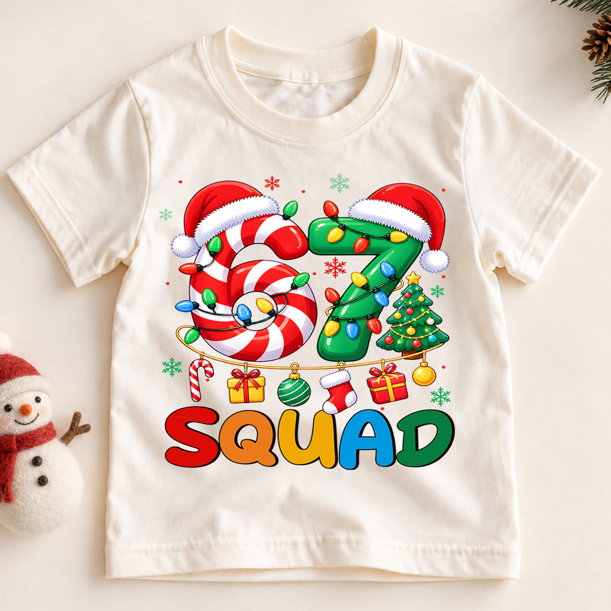 67 Squad Christmas Shirt, Candy Cane Number 67 Kids T-Shirt, Holiday Team Group Toddler Tee, Christmas Tree Santa Hat Graphic Top, Xmas Gift — product view 2