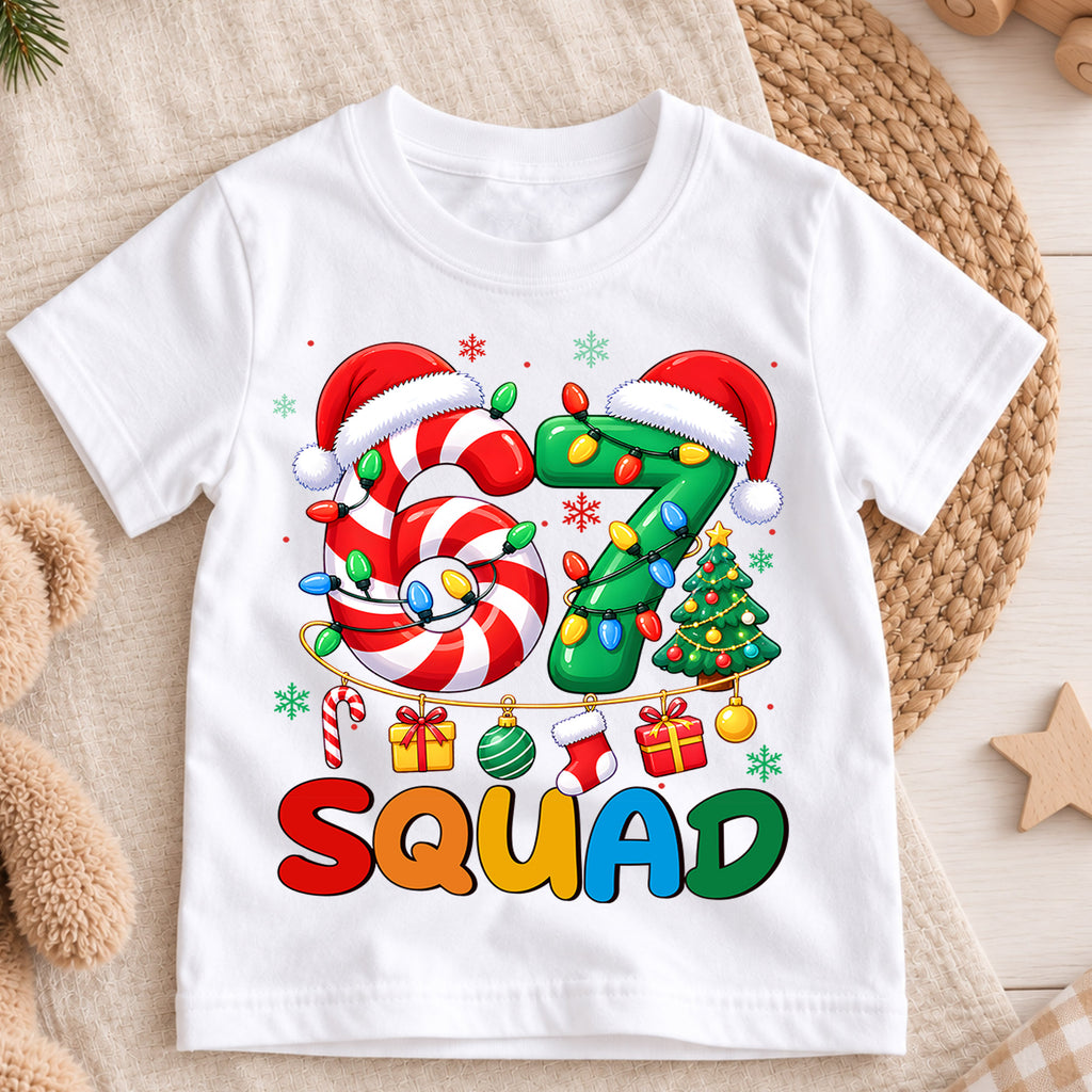67 Squad Christmas Shirt, Candy Cane Number 67 Kids T-Shirt, Holiday Team Group Toddler Tee, Christmas Tree Santa Hat Graphic Top, Xmas Gift — product view 3