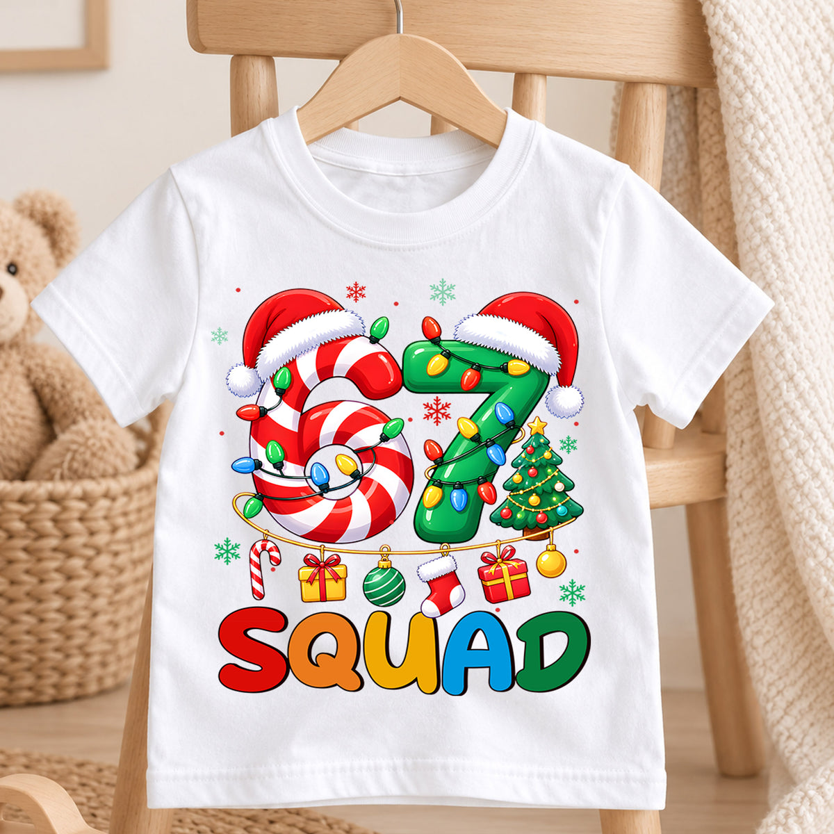 67 Squad Christmas Shirt, Candy Cane Number 67 Kids T-Shirt, Holiday Team Group Toddler Tee, Christmas Tree Santa Hat Graphic Top, Xmas Gift — product view 4