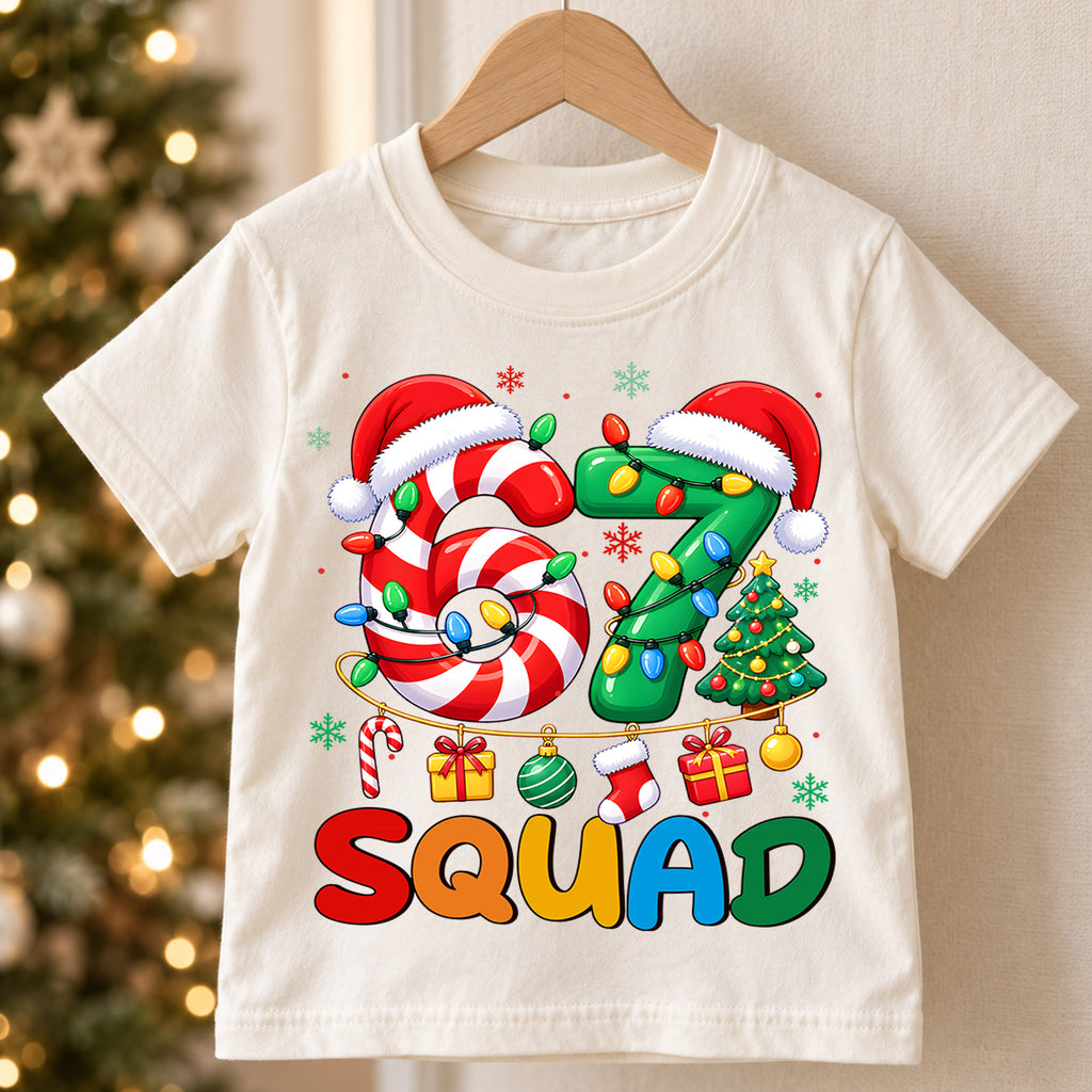 67 Squad Christmas Shirt, Candy Cane Number 67 Kids T-Shirt, Holiday Team Group Toddler Tee, Christmas Tree Santa Hat Graphic Top, Xmas Gift — product view 5