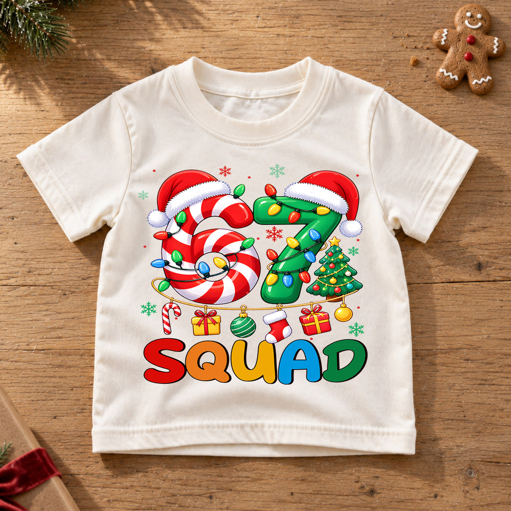 67 Squad Christmas Shirt, Candy Cane Number 67 Kids T-Shirt, Holiday Team Group Toddler Tee, Christmas Tree Santa Hat Graphic Top, Xmas Gift — product view 6