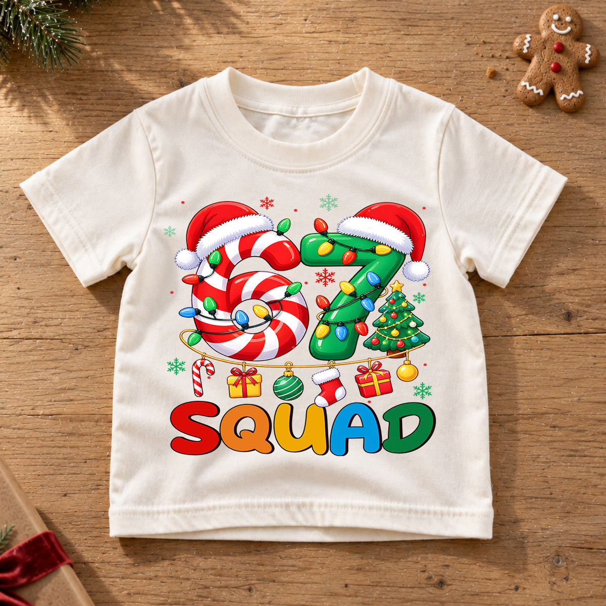 67 Squad Christmas Shirt, Candy Cane Number 67 Kids T-Shirt, Holiday Team Group Toddler Tee, Christmas Tree Santa Hat Graphic Top, Xmas Gift — product view 6