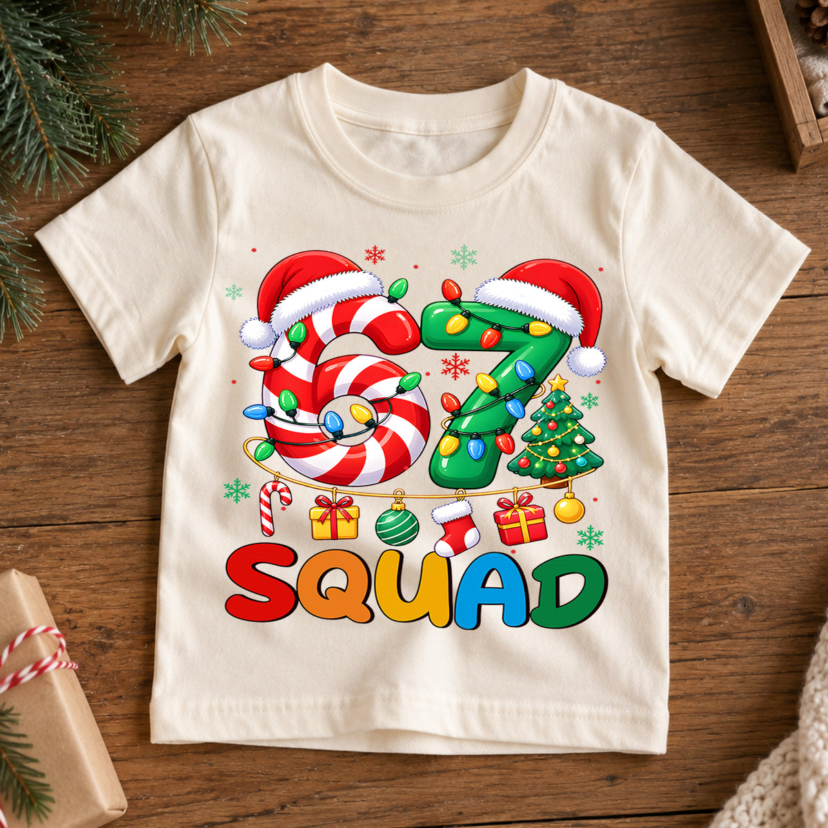 67 Squad Christmas Shirt, Candy Cane Number 67 Kids T-Shirt, Holiday Team Group Toddler Tee, Christmas Tree Santa Hat Graphic Top, Xmas Gift — product view 7