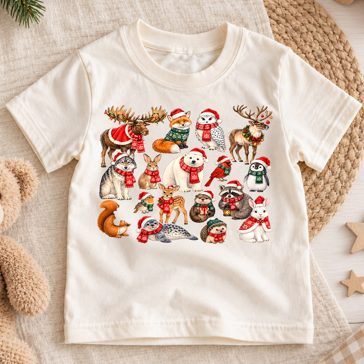 Winter Arctic Animals Christmas Shirt, Cute Wildlife Kids T-Shirt, Polar Bear Moose Reindeer Toddler Tee, Rustic Holiday Graphic Top, Gift — product view 1