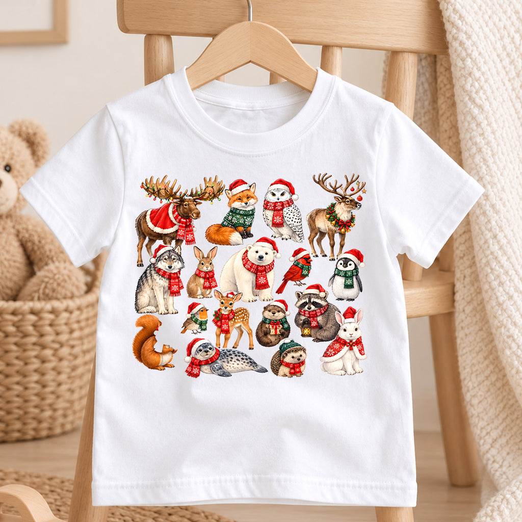 Winter Arctic Animals Christmas Shirt, Cute Wildlife Kids T-Shirt, Polar Bear Moose Reindeer Toddler Tee, Rustic Holiday Graphic Top, Gift — product view 4