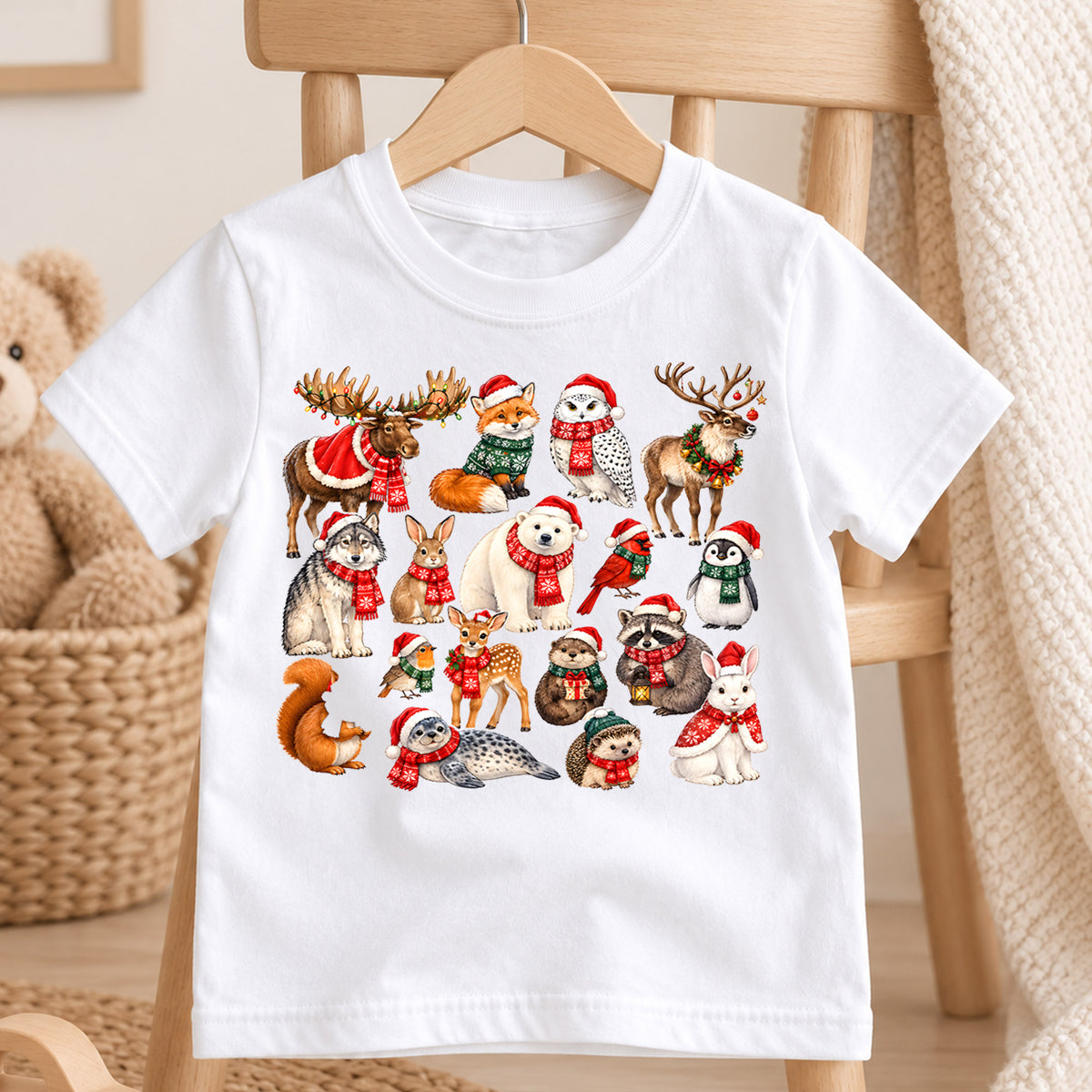 Winter Arctic Animals Christmas Shirt, Cute Wildlife Kids T-Shirt, Polar Bear Moose Reindeer Toddler Tee, Rustic Holiday Graphic Top, Gift — product view 4