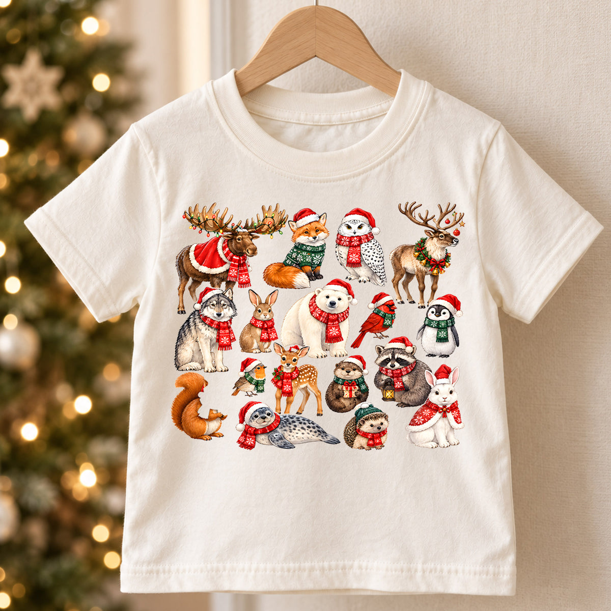 Winter Arctic Animals Christmas Shirt, Cute Wildlife Kids T-Shirt, Polar Bear Moose Reindeer Toddler Tee, Rustic Holiday Graphic Top, Gift — product view 5