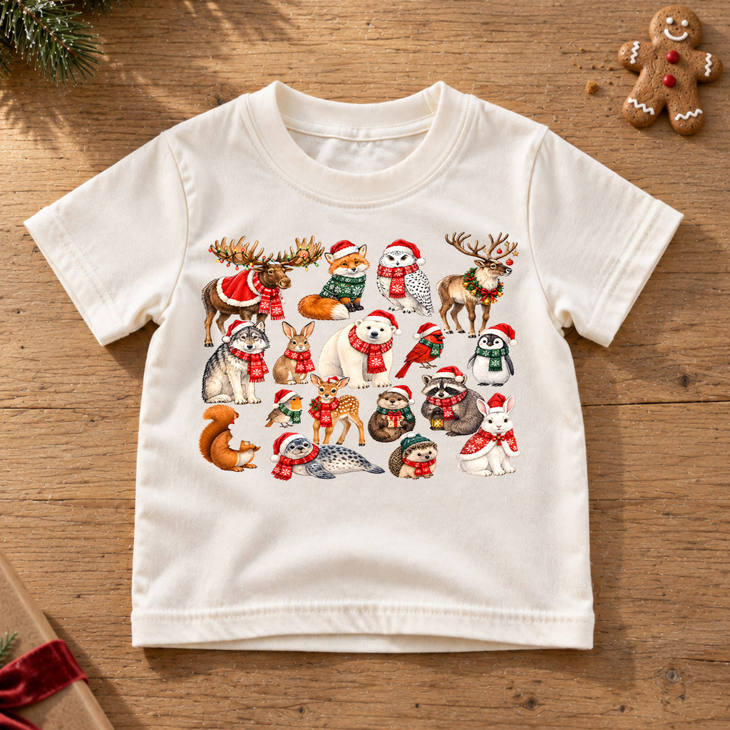 Winter Arctic Animals Christmas Shirt, Cute Wildlife Kids T-Shirt, Polar Bear Moose Reindeer Toddler Tee, Rustic Holiday Graphic Top, Gift — product view 6