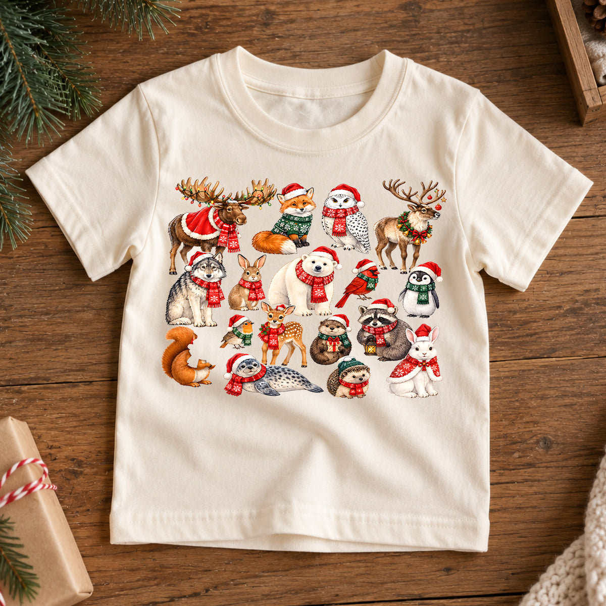 Winter Arctic Animals Christmas Shirt, Cute Wildlife Kids T-Shirt, Polar Bear Moose Reindeer Toddler Tee, Rustic Holiday Graphic Top, Gift — product view 7