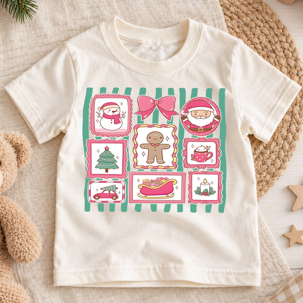 Pink Coquette Christmas Shirt, Retro Holiday Stamps Kids T-Shirt, Cute Santa Gingerbread Bow Toddler Tee, Pastel Christmas Graphic Top, Gift — product view 1