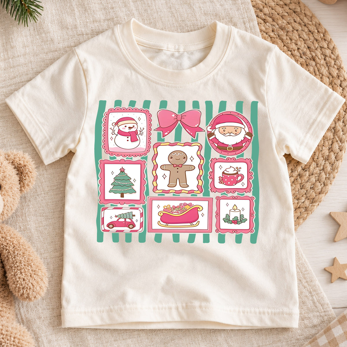 Pink Coquette Christmas Shirt, Retro Holiday Stamps Kids T-Shirt, Cute Santa Gingerbread Bow Toddler Tee, Pastel Christmas Graphic Top, Gift — product view 1