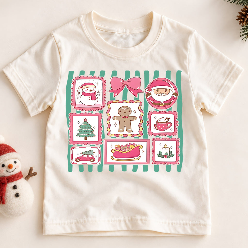 Pink Coquette Christmas Shirt, Retro Holiday Stamps Kids T-Shirt, Cute Santa Gingerbread Bow Toddler Tee, Pastel Christmas Graphic Top, Gift — product view 2