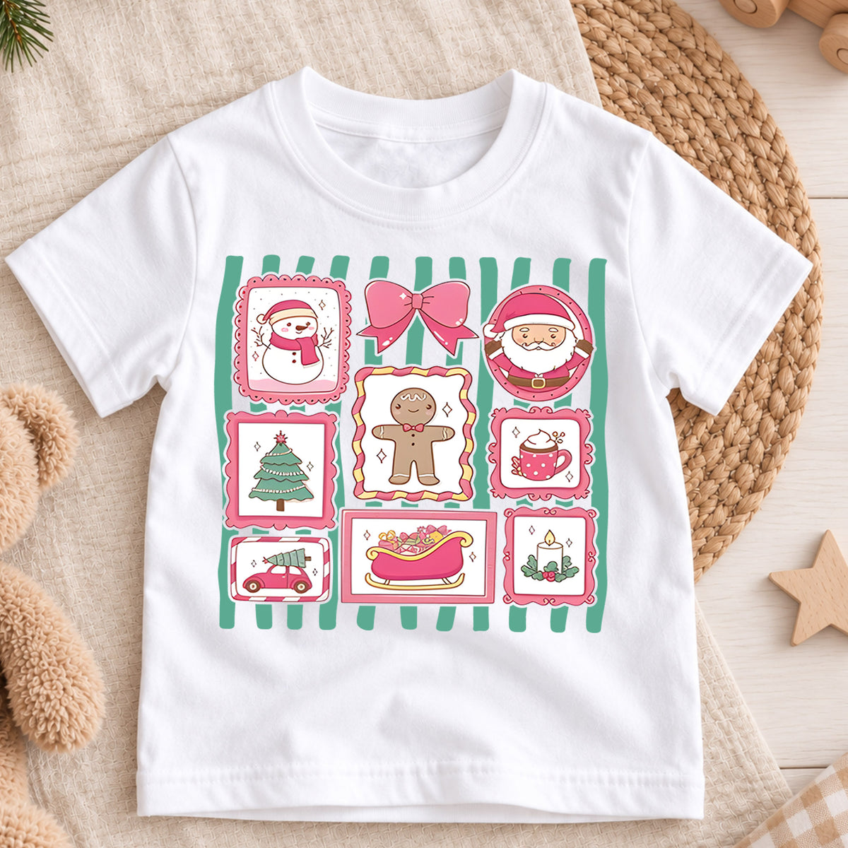 Pink Coquette Christmas Shirt, Retro Holiday Stamps Kids T-Shirt, Cute Santa Gingerbread Bow Toddler Tee, Pastel Christmas Graphic Top, Gift — product view 3