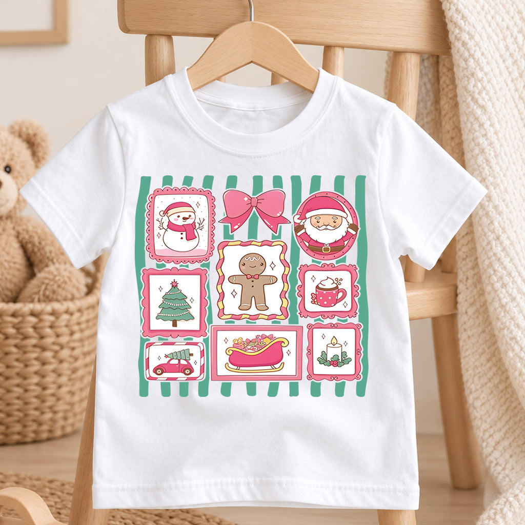 Pink Coquette Christmas Shirt, Retro Holiday Stamps Kids T-Shirt, Cute Santa Gingerbread Bow Toddler Tee, Pastel Christmas Graphic Top, Gift — product view 4