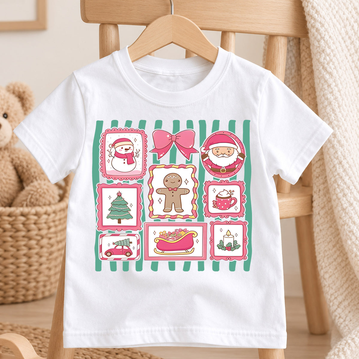 Pink Coquette Christmas Shirt, Retro Holiday Stamps Kids T-Shirt, Cute Santa Gingerbread Bow Toddler Tee, Pastel Christmas Graphic Top, Gift — product view 4