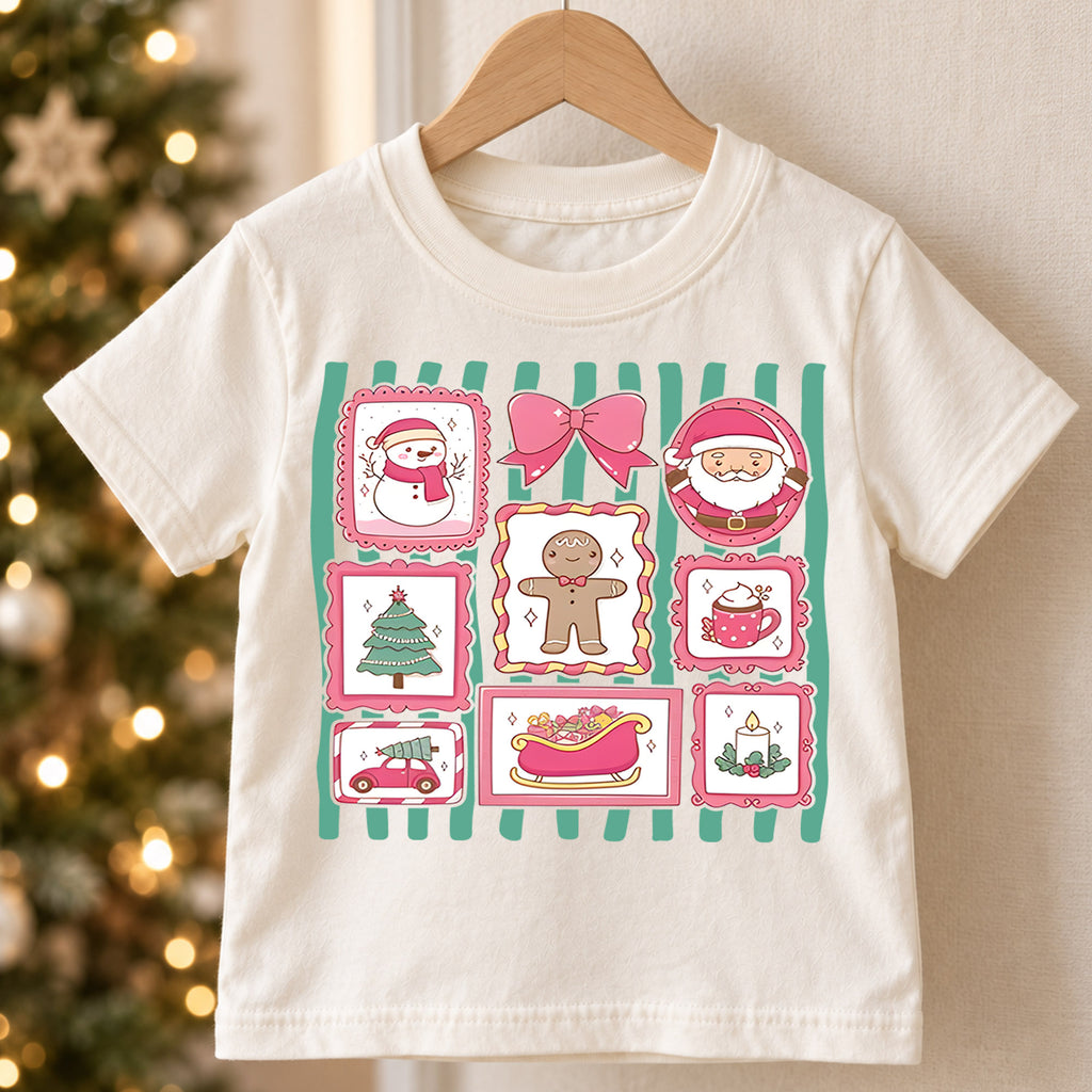 Pink Coquette Christmas Shirt, Retro Holiday Stamps Kids T-Shirt, Cute Santa Gingerbread Bow Toddler Tee, Pastel Christmas Graphic Top, Gift — product view 5