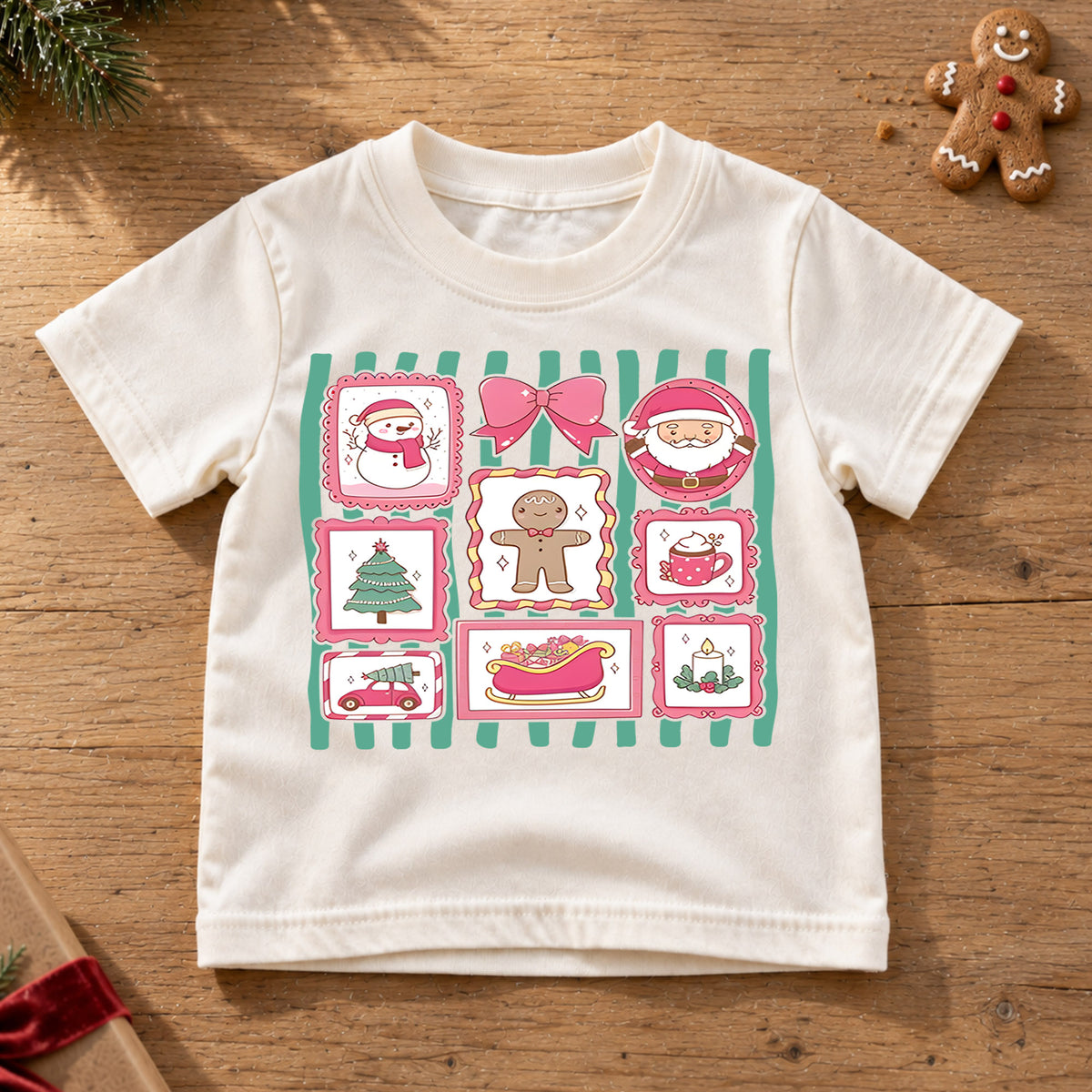 Pink Coquette Christmas Shirt, Retro Holiday Stamps Kids T-Shirt, Cute Santa Gingerbread Bow Toddler Tee, Pastel Christmas Graphic Top, Gift — product view 6