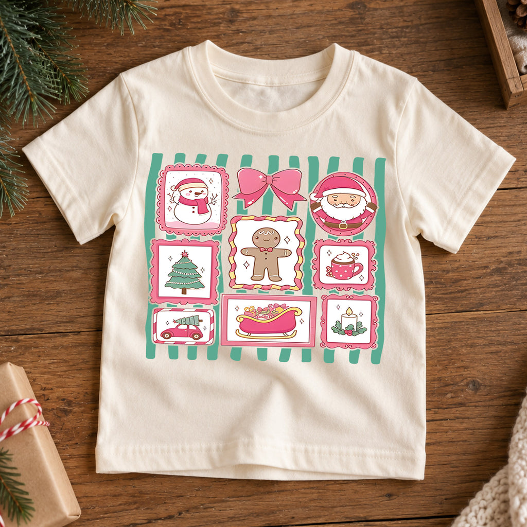 Pink Coquette Christmas Shirt, Retro Holiday Stamps Kids T-Shirt, Cute Santa Gingerbread Bow Toddler Tee, Pastel Christmas Graphic Top, Gift — product view 7