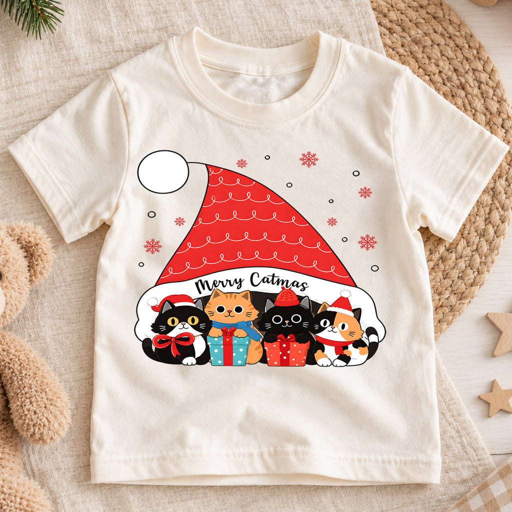 Merry Catmas Shirt, Cute Christmas Cats Kids T-Shirt, Kittens In Santa Hat Toddler Tee, Holiday Kitten Lover Graphic Top, Cats Xmas Gift — product view 1
