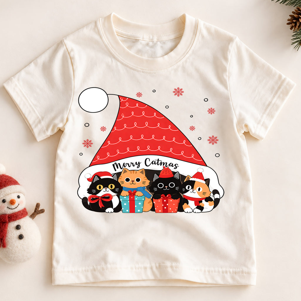 Merry Catmas Shirt, Cute Christmas Cats Kids T-Shirt, Kittens In Santa Hat Toddler Tee, Holiday Kitten Lover Graphic Top, Cats Xmas Gift — product view 2