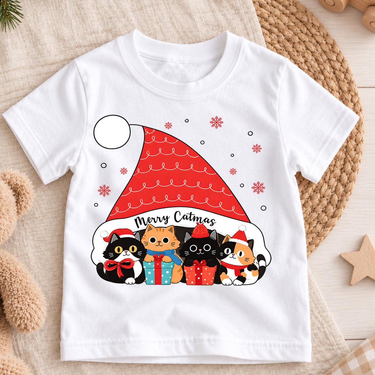 Merry Catmas Shirt, Cute Christmas Cats Kids T-Shirt, Kittens In Santa Hat Toddler Tee, Holiday Kitten Lover Graphic Top, Cats Xmas Gift — product view 3