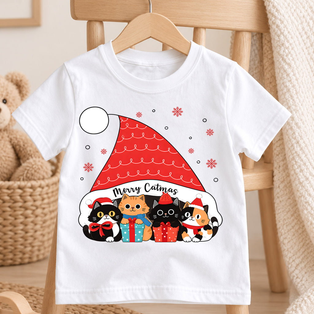 Merry Catmas Shirt, Cute Christmas Cats Kids T-Shirt, Kittens In Santa Hat Toddler Tee, Holiday Kitten Lover Graphic Top, Cats Xmas Gift — product view 4