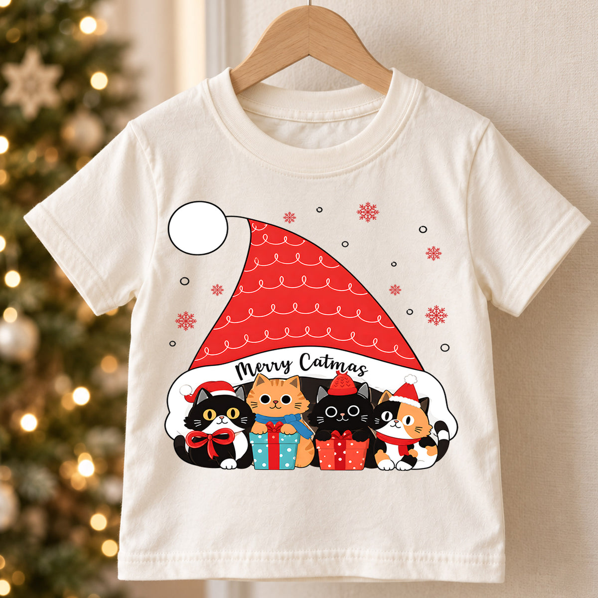 Merry Catmas Shirt, Cute Christmas Cats Kids T-Shirt, Kittens In Santa Hat Toddler Tee, Holiday Kitten Lover Graphic Top, Cats Xmas Gift — product view 5