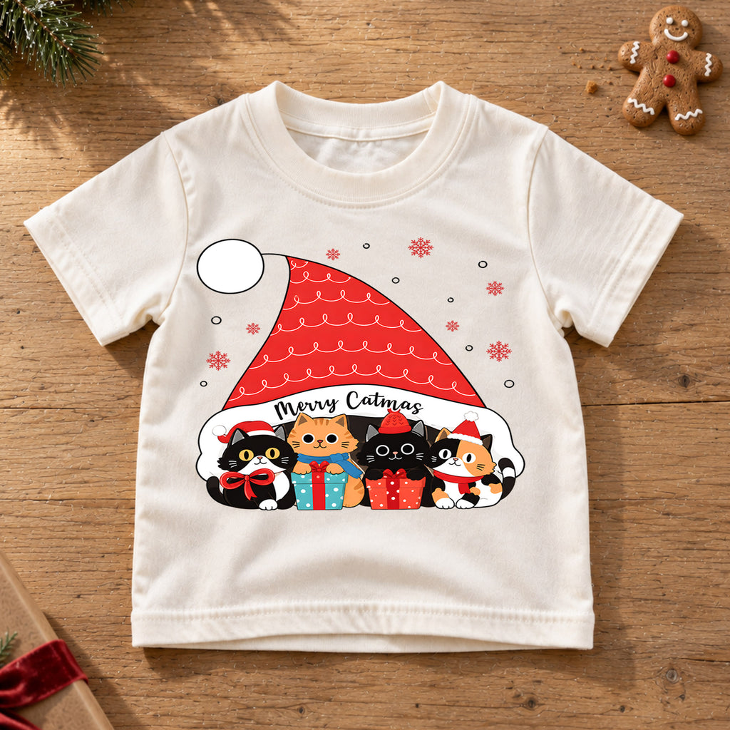 Merry Catmas Shirt, Cute Christmas Cats Kids T-Shirt, Kittens In Santa Hat Toddler Tee, Holiday Kitten Lover Graphic Top, Cats Xmas Gift — product view 6